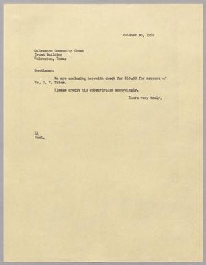 [Letter from A. H. Blackshear, Jr. to Galveston Community Chest, October 30, 1952]