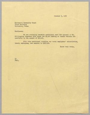 [Letter from A. H. Blackshear, Jr. to Galveston Community Chest, October 7, 1952]