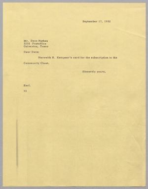 [Letter from Harris Leon Kempner to Dave Nathan, September 17, 1952]