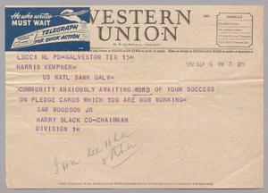 [Telegram from Sam Woodson Jr. and Harry Black to Harris L. Kempner, September 15, 1952]