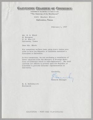 [Letter from E. S. Holliday to H. S. Block, February 1, 1957]