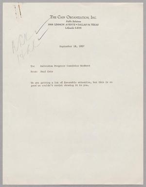 [Letter from Paul Cain to Galveston Progress Committee, September 18, 1957]