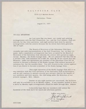[Letter from Galveston Club, August 23, 1957]