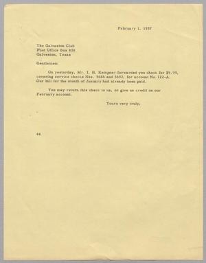 [Letter from Arthur M. Alpert to the Galveston Club, February 1, 1957]