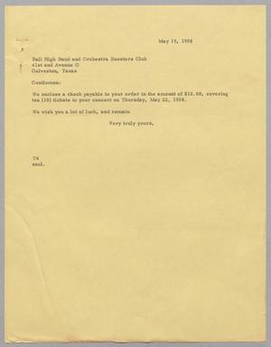 [Letter from T. E. Taylor to Ball High Band and Orchestra Boosters Club, May 19, 1958]