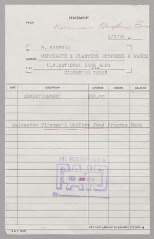[Invoice for Galveston Firemen's Uniform Fund, February 7, 1958]