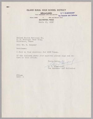 [Letter from E. T. Elmendorf to Harris Leon Kempner, September 23, 1958]