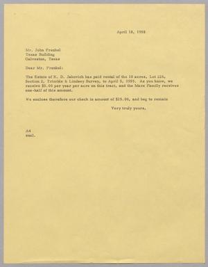 [Letter from Arthur M. Alpert to John Frenkel, April 18, 1958]
