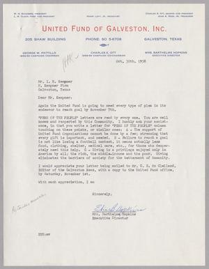 Primary view of object titled '[Letter from Mrs. Barthelme Hopkins to I. H. Kempner, October 30, 1958]'.