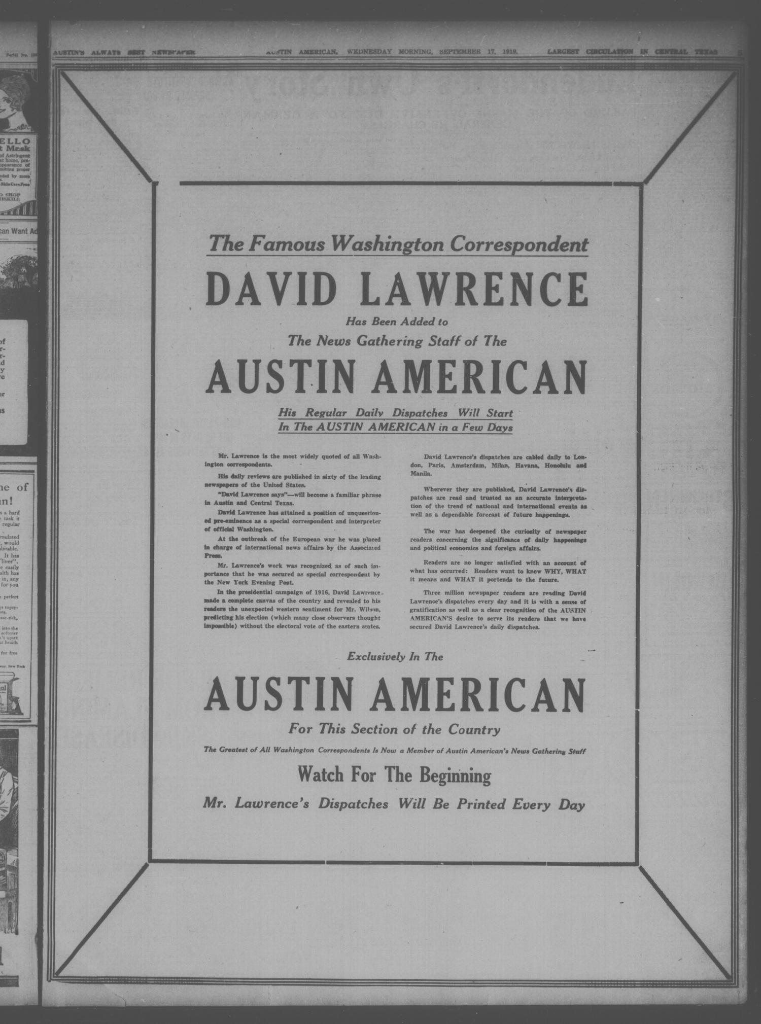 Austin American (Austin, Tex.), Ed. 1 Wednesday, September 17, 1919
                                                
                                                    [Sequence #]: 5 of 8
                                                