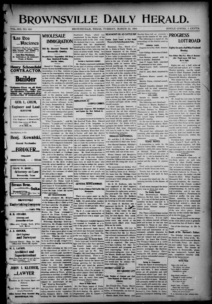 Brownsville Daily Herald (Brownsville, Tex.), Vol. 12, No. 402, Ed. 1,  Tuesday, March 22, 1904 - The Portal to Texas History