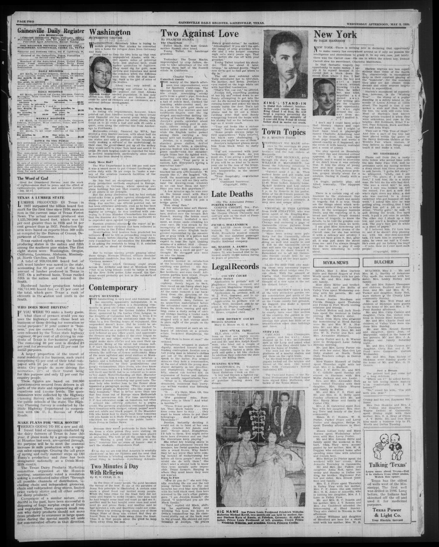Gainesville Daily Register and Messenger (Gainesville, Tex.), Vol. 48, No. 236, Ed. 1 Wednesday, May 3, 1939
                                                
                                                    [Sequence #]: 2 of 8
                                                
