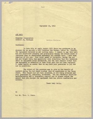 [Letter from I. H. Kempner to Chrysler Corporation, September 21, 1953]