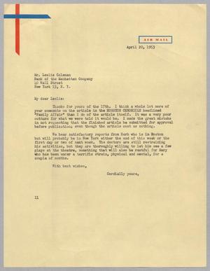 [Letter from I. H. Kempner to Leslie Coleman, April 20, 1953]