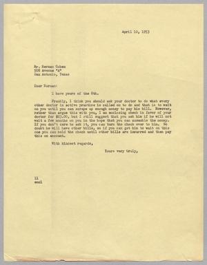 [Letter from I. H. Kempner to Herman Cohen, April 10, 1953]