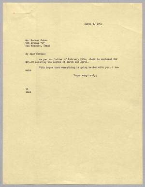 Primary view of object titled '[Letter from I. H. Kempner to Herman Cohen, March 2, 1953]'.