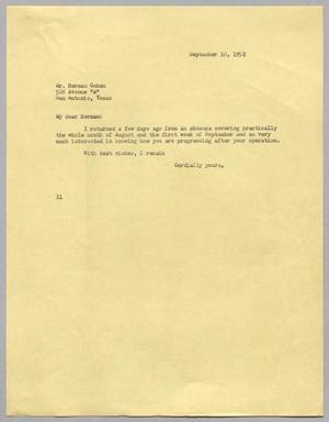 [Letter from I. H. Kempner to Herman Cohen, September 10, 1952]