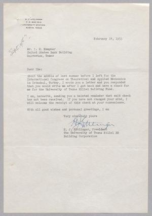 [Letter from H. J. Ettlinger to I. H. Kempner, February 14, 1953]