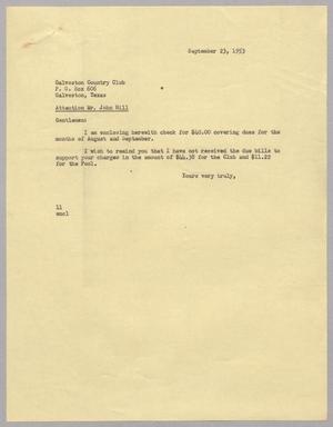 Primary view of object titled '[Letter from I. H. Kempner to Galveston Country Club, September 23, 1953]'.