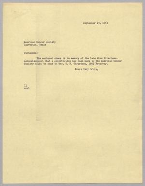 [Letter from I. H. Kempner to American Cancer Society, September 23, 1953]