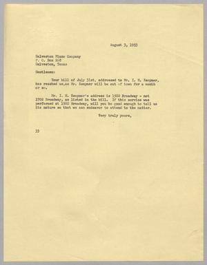 [Letter from Harris Leon Kempner to Galveston Piano Company, August 3, 1953]