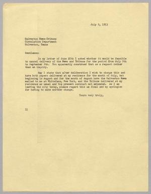 [Letter from I. H. Kempner to Galveston News-Tribune, July 9, 1953]