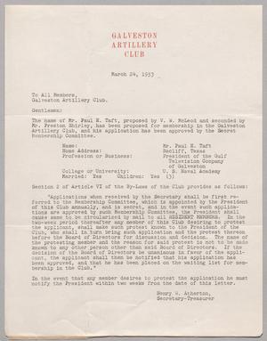[Letter from Galveston Artillery Club, March 24, 1953]