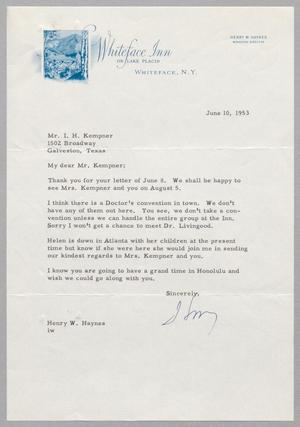 [Letter from Henry W. Haynes to I. H. Kempner, June 10, 1953]