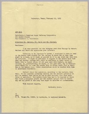 [Letter from I. H. Kempner to California & Hawaiian Sugar Refining Corp., February 21, 1953]