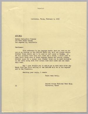 Primary view of object titled '[Letter from I. H. Kempner to Matson Navigation Company, February 3, 1953]'.
