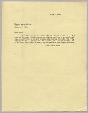 Primary view of object titled '[Letter from I. H. Kempner to Harvey Travel Bureau, June 6, 1953]'.
