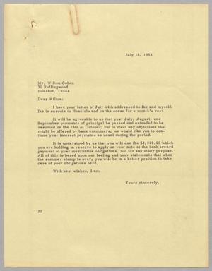 [Letter from D. W. Kempner to Wilton Cohen, July 16, 1953]