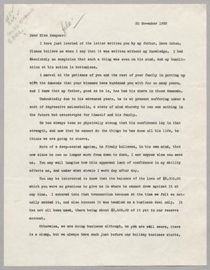 [Letter from Wilton D. Cohen to Gladys Kempner, November 20, 1952]