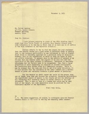 [Letter from I. H. Kempner to Walter Jenkins, November 3, 1953]