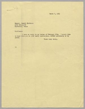 [Letter from I. H. Kempner to Jewell Brothers, March 7, 1953]