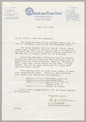 [Letter from the Knife and Fork Club of Galveston County, April 10, 1953]