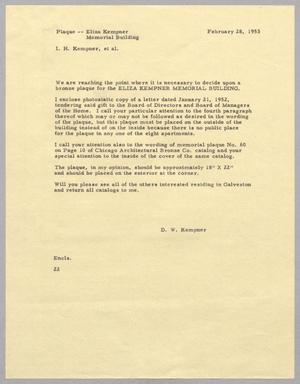 [Letter from D. W. Kempner to I. H. Kempner, February 28, 1953]