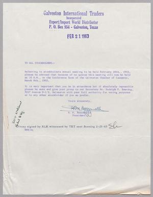 [Letter from Galveston International Traders, February 21, 1963]