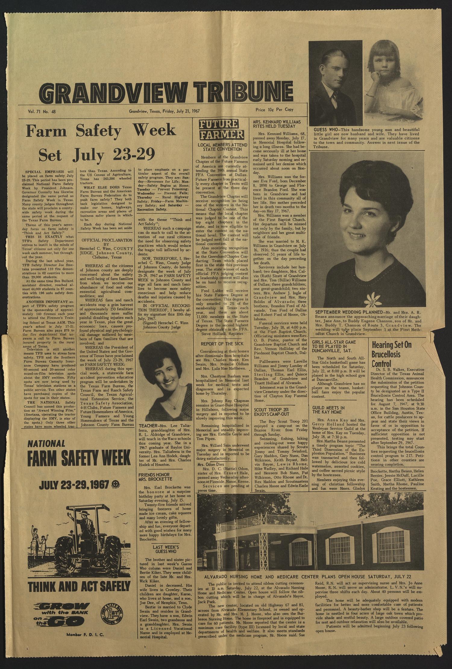 Grandview Tribune (Grandview, Tex.), Ed. 1 Friday, July 21, 1967
                                                
                                                    [Sequence #]: 1 of 4
                                                