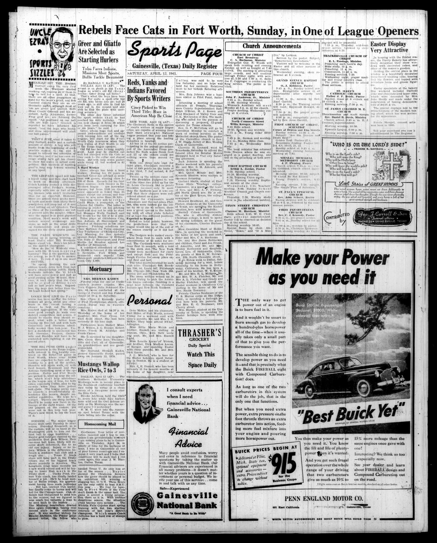 Gainesville Daily Register and Messenger (Gainesville, Tex.), Vol. 51, No. 195, Ed. 1 Saturday, April 12, 1941
                                                
                                                    [Sequence #]: 4 of 6
                                                
