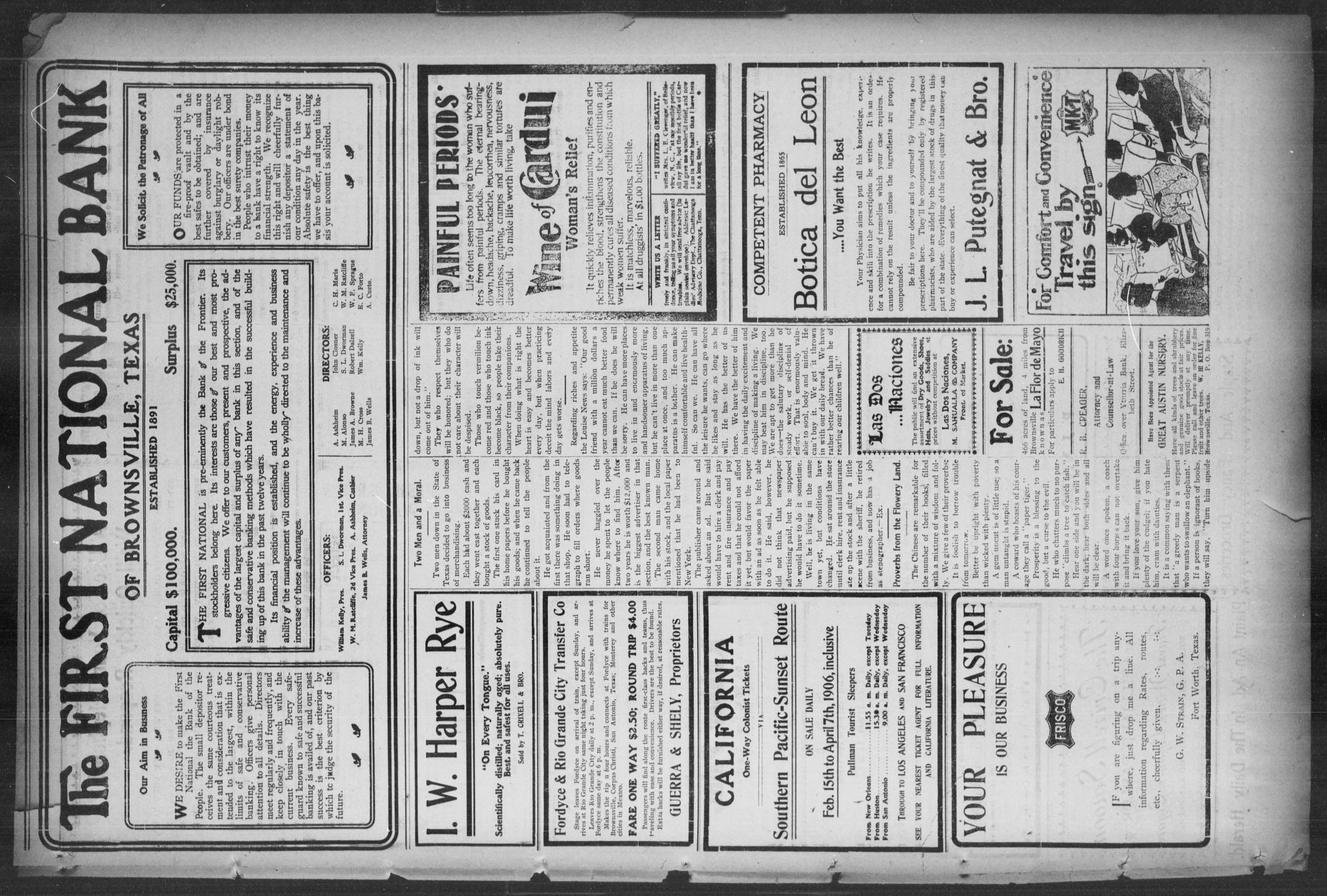 Brownsville Daily Herald (Brownsville, Tex.), Vol. 14, No. 191, Ed. 1, Monday, February 12, 1906
                                                
                                                    [Sequence #]: 3 of 4
                                                
