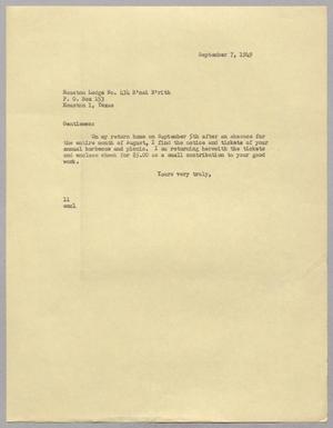 [Letter from Isaac Hebert Kempner to Houston Lodge, September 7, 1949]