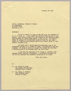 Primary view of object titled '[Letter from I. H. Kempner to Ladenburg, Thalmann & Company, February 19, 1953]'.