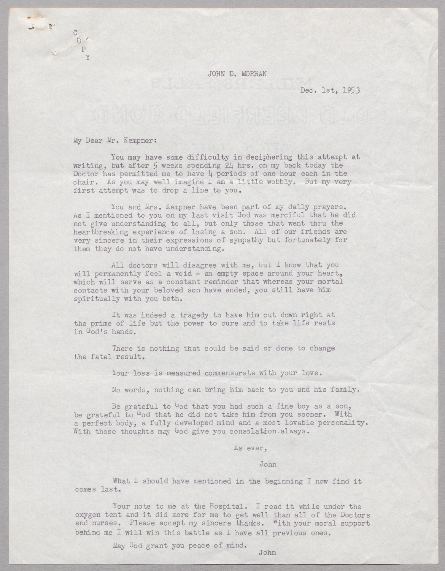 [Transcript of letter from John D. Morhan to I. H. Kempner, December 1, 1953]
                                                
                                                    [Sequence #]: 1 of 2
                                                