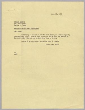 [Letter from Isaac H. Kempner to Neiman-Marcus, June 27, 1953]
