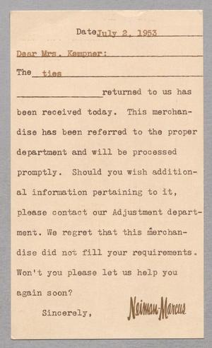[Letter from Neiman-Marcus to Henrietta Leonora Kempner, July 2, 1953]