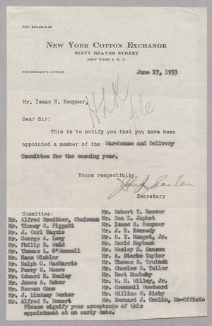 [Letter from New York Cotton Exchange to I. H. Kempner, June 17, 1953]