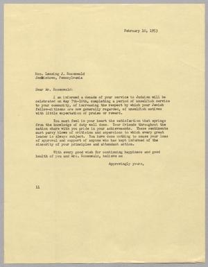 Primary view of object titled '[Letter from I. H. Kempner to Lessing J. Rosenwald, February 10, 1953]'.