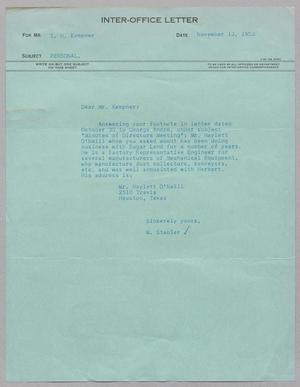[Inter-Office Letter from M. Stabler to Isaac Herbert Kempner, November 13, 1953]