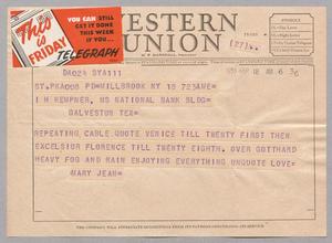 [Telegram from Mary Jean Kempner to I. H. Kempner, September 18, 1953]
